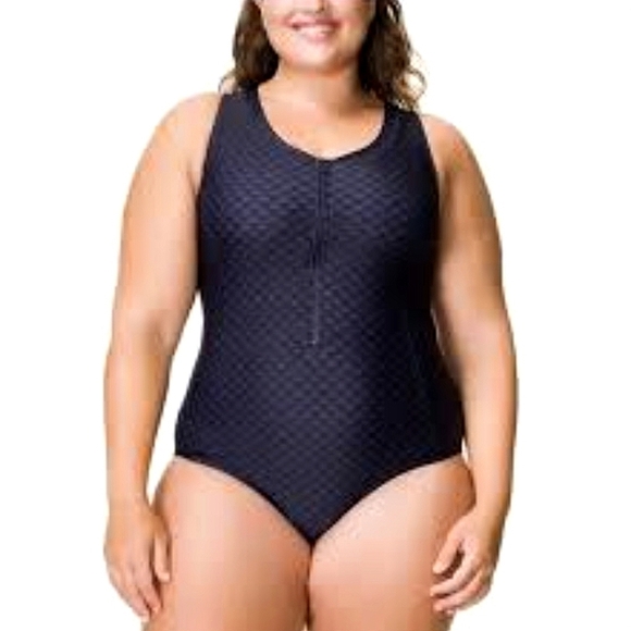 16 • Roots • *NWOT* Navy & Black Printed Zipper Front One Piece Swimsuit - Picture 1 of 8
